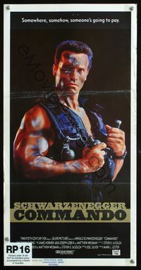 4d506 COMMANDO Australian daybill poster '85 Arnold Schwarzenegger is going to make someone pay!