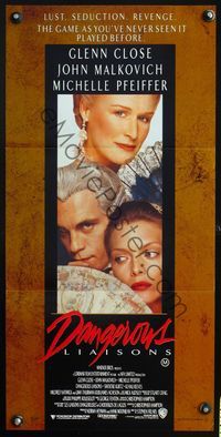 4d519 DANGEROUS LIAISONS Australian daybill '88 Glenn Close, John Malkovich, Michelle Pfeiffer!