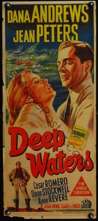 4d531 DEEP WATERS Aust daybill '48 stone litho artwork of Dana Andrews holding sexy Jean Peters!