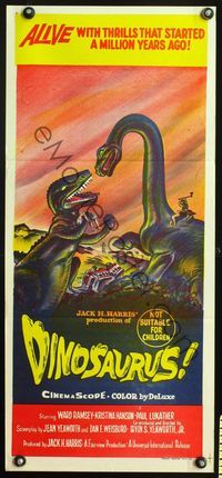 4d539 DINOSAURUS Australian daybill poster '60 artwork of battling prehistoric T-rex & Brontosaurus!