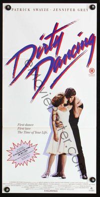 4d540 DIRTY DANCING Aust daybill '87 classic image of Patrick Swayze & Jennifer Grey in embrace!