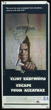 4d558 ESCAPE FROM ALCATRAZ Aust daybill '79 cool artwork of Clint Eastwood busting out by Lettick!