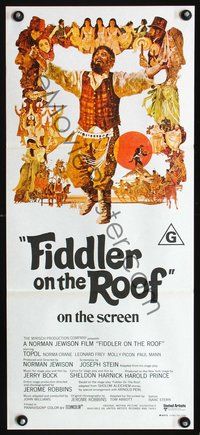4d571 FIDDLER ON THE ROOF Australian daybill poster '72 cool artwork of Topol & cast by Ted CoConis!