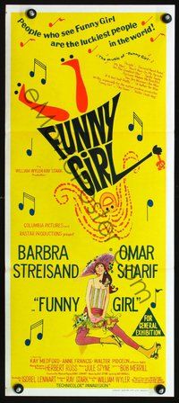 4d594 FUNNY GIRL Australian daybill movie poster '69 Barbra Streisand, Omar Sharif, William Wyler