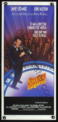 4d604 GLENN MILLER STORY Aust daybill R85 art of James Stewart playing trombone in New York City!