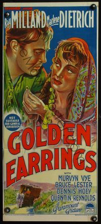 4d606 GOLDEN EARRINGS Australian daybill poster '47 artwork of gypsy Marlene Dietrich & Ray Milland!