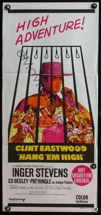 4d625 HANG 'EM HIGH Australian daybill movie poster '68 cool Kossin art of Clint Eastwood & gallows!