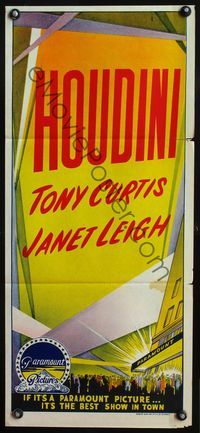 4d646 HOUDINI stock Australian daybill '53 magician Tony Curtis and his sexy assistant Janet Leigh!