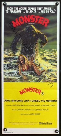 4d655 HUMANOIDS FROM THE DEEP Aust daybill '80 cool art of monster looming over sexy girl on beach!