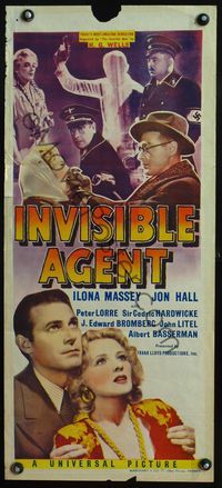 4d670 INVISIBLE AGENT Australian daybill poster '42 H.G. Wells, Peter Lorre, Ilona Massey, Nazis!