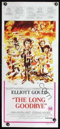 4d713 LONG GOODBYE Aust daybill '73 Elliott Gould as Philip Marlowe, Hayden, great Jack Davis art!