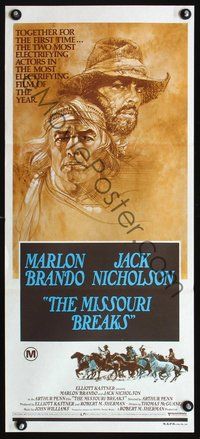 4d751 MISSOURI BREAKS Australian daybill '76 art of Marlon Brando & Jack Nicholson by Bob Peak!