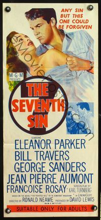 4d856 SEVENTH SIN Australian daybill '57 sexy scared Eleanor Parker & super angry Bill Travers!