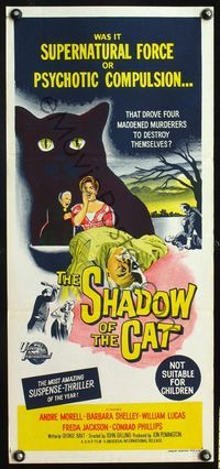 4d858 SHADOW OF THE CAT Australian daybill '61 art of creepy cat, stare into its eyes if you dare!