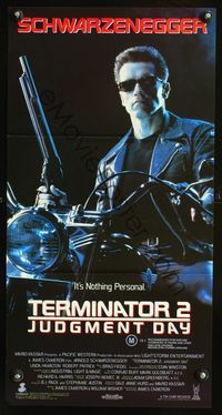 4d923 TERMINATOR 2 Australian daybill poster '91 Arnold Schwarzenegger on motorcycle with shotgun!