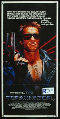 4d922 TERMINATOR Aust daybill '84 close up of most classic cyborg Arnold Schwarzenegger with gun!