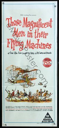 4d929 THOSE MAGNIFICENT MEN IN THEIR FLYING MACHINES Aust daybill '65 wacky art of early airplane!