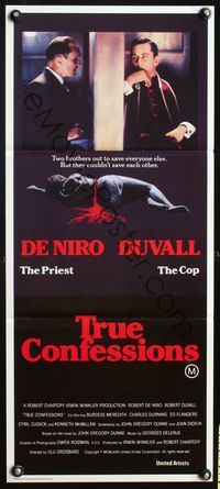 4d942 TRUE CONFESSIONS Aust daybill '81 close-up of priest Robert De Niro, detective Robert Duvall!