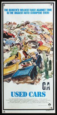 4d949 USED CARS Australian daybill poster '80 Robert Zemeckis, wacky art of junk car race by Kossin!