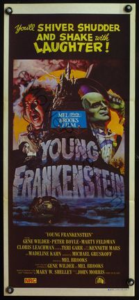 4d975 YOUNG FRANKENSTEIN Aust daybill '74 Mel Brooks, art of Gene Wilder, Peter Boyle & Feldman!