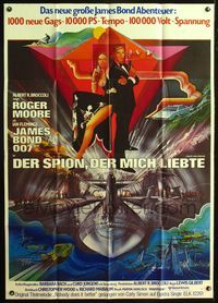 4d024 SPY WHO LOVED ME German 33x47 '77 cool artwork of Roger Moore as James Bond by Bob Peak!