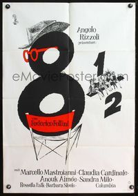 4d030 8 1/2 German movie poster '63 Federico Fellini classic, cool art of director chair & girls!