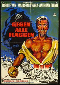 4d033 AGAINST ALL FLAGS German movie poster R60s cool artwork of pirate Errol Flynn & ship battle!
