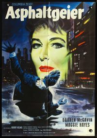 4d065 CASE AGAINST BROOKLYN German poster '58 Margaret Hayes, really cool art of city at night!