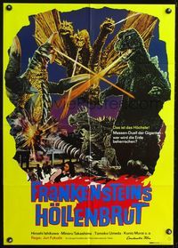 4d135 GODZILLA ON MONSTER ISLAND German poster '72 cool image of battling Ghidra & Gigan, Godzilla!