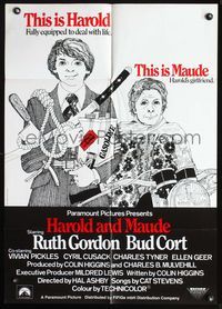 4d149 HAROLD & MAUDE export German movie poster '71 cool wacky art of Ruth Gordon & Bud Cort!