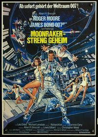 4d212 MOONRAKER German movie poster '79 art of Roger Moore as James Bond & sexy babes by Gouzee!