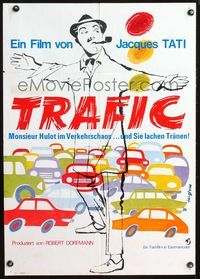 4d276 TRAFFIC German movie poster '71 great art of Jacques Tati as Mr. Hulot by Feiglova!