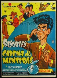 4e112 CADENA DE MENTIRAS Mexican movie poster '55 great wacky cartoon art of comedian Resortes!