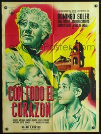 4e115 CON TODO EL CORAZON Mexican poster '51 Mendoza art of priest holding baby by destroyed church