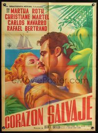 4e116 CORAZON SALVAJE Mexican movie poster '56 close up artwork of lovers with ship in background!