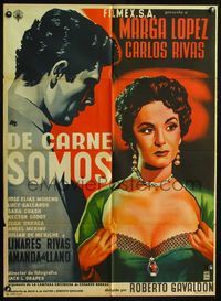 4e118 DE CARNE SOMOS Mexican movie poster '55 artwork of sexy Marga Lopez pulling her shirt open!