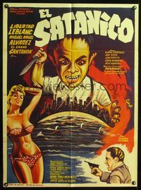4e128 EL SATANICO Mexican poster '68 art of sexy babe & crazed guy with knife looming over city!