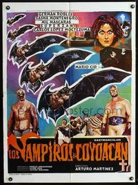 4e157 LOS VAMPIROS DE COYOACAN Mexican movie poster '74 cool art of vampire bats & masked wrestlers!