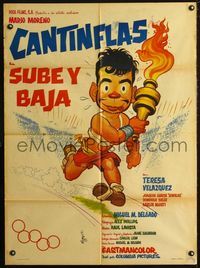4e184 SUBE Y BAJA Mexican poster '59 great artwork of Cantinflas running with the Olympic Torch!