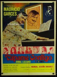 4e188 TAPAME CONTIGO Mexican poster '70 art of Mauricio Garces playing piano wearing sexy pajamas!