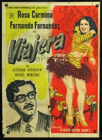 4e196 VIAJERA Mexican movie poster '52 artwork of sexy dancer Rosa Carmina & rhumba band!