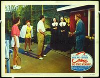 4f517 COME TO THE STABLE lobby card #7 '49 pretty nun Loretta Young interrupts casual tennis game!