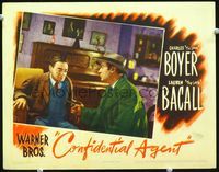 4f519 CONFIDENTIAL AGENT lobby card '45 Victor Francen holds gun on seated scared Peter Lorre!
