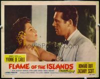 4f577 FLAME OF THE ISLANDS LC #2 '55 close up of super sexy Yvonne De Carlo & Howard Duff in tux!