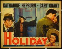 4f660 HOLIDAY movie lobby card '38 Katharine Hepburn walks in on Cary Grant in passionate embrace!