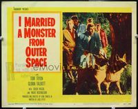 4f677 I MARRIED A MONSTER FROM OUTER SPACE lobby card #4 '58 men with guns & dogs track the aliens!