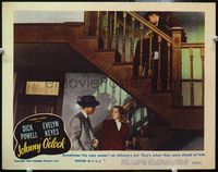 4f709 JOHNNY O'CLOCK LC #8 '46 Dick Powell talks to Evelyn Keyes at bottom of stairs w/cop waiting!