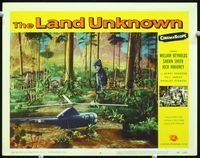 4f731 LAND UNKNOWN lobby card #6 '57 great image of fake looking dinosaur menacing fake helicopter!