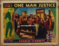 4f808 ONE MAN JUSTICE LC '37 Charles Starrett holds man at gunpoint in crowded room of people!