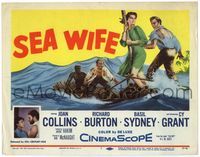 4f251 SEA WIFE TC '57 great castaway artwork of sexy Joan Collins & Richard Burton on raft at sea!